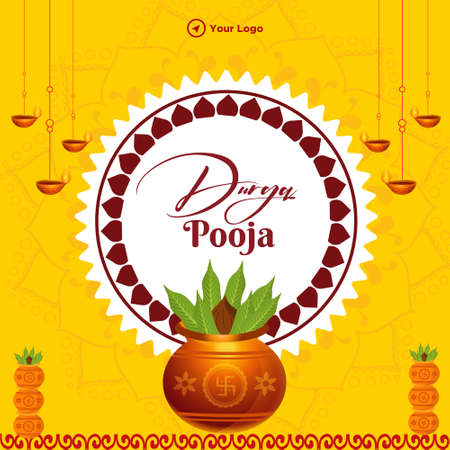 Banner design of Durga pooja template on yellow background.のイラスト素材