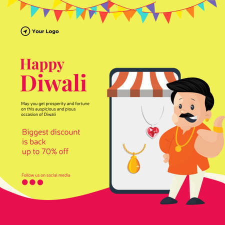 Banner design of happy Diwali biggest discount cartoon style template.のイラスト素材
