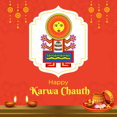 Banner design of Happy Karwa Chauth cartoon style illustration.のイラスト素材