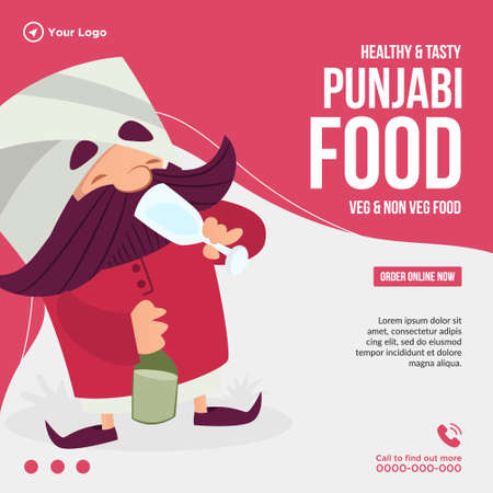 Healthy and tasty Punjabi food cartoon style banner design template.のイラスト素材