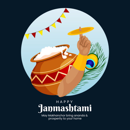 Beautiful happy Krishna Janmashtami Indian festival banner design template.のイラスト素材