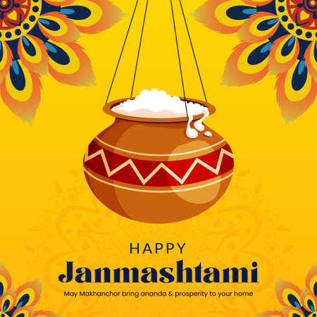 Beautiful happy Krishna Janmashtami Indian festival banner design template.のイラスト素材