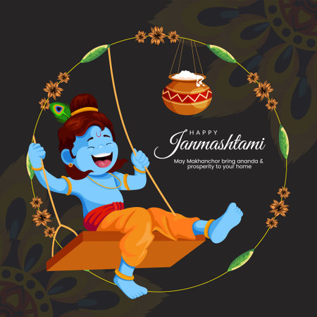 Beautiful happy Krishna Janmashtami Indian festival banner design template.のイラスト素材
