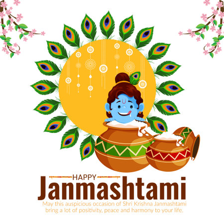 Indian Hindu festival Happy Krishna Janmashtami banner design template.のイラスト素材