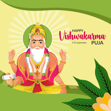 Hindu god vishwakarma an architect and divine engineer of universe banner design.のイラスト素材