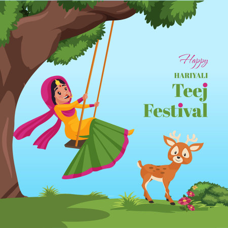 Happy hariyali teej indian festival cartoon style template.のイラスト素材