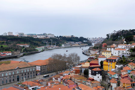Panoramic view of O Porto Portugal with rooftops and bridge in the background on a cloudy winter dayの写真素材