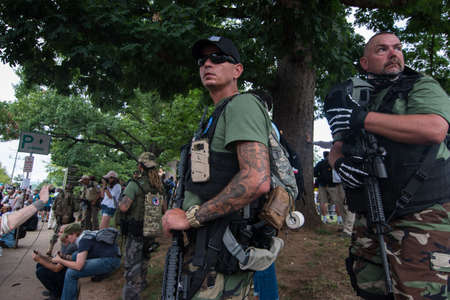 Charlottesville, Virginia USA August 12, 2017 Representatives of regional militias form the...
