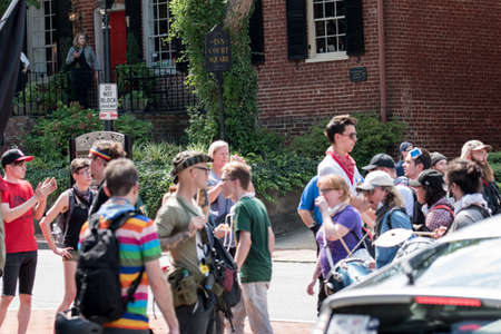 Charlottesville, Virginia USA August 12, 2017 Armed militia Redneck Revolt welcomes back activists...
