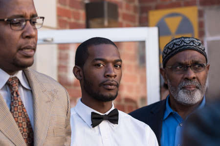 Charlottesville, Virginia USA October 17, 2017 Corey Long's lawyers Malik Zulu Shabazz and Jeroyd Greene after arrest for his part in the violence that took place at the Unite the Right rally in support of the confederate statuesのeditorial素材