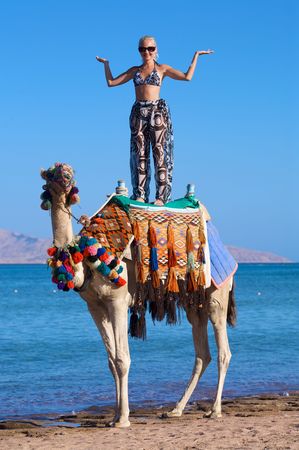 A young woman stands on a camel on the beach near the ocean.の写真素材