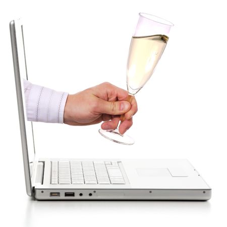 A champagne glass. A toast of your friend on the Internet. Isolated on white.の写真素材