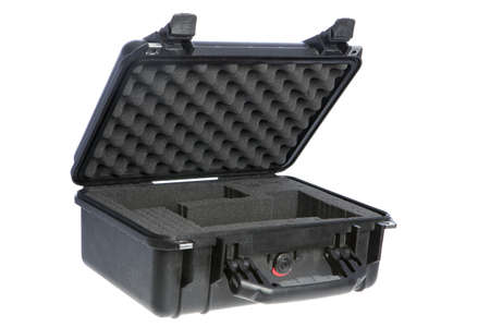Case for protecting equipment ajar lid. Studio shot. Isolation on white background. Side view.