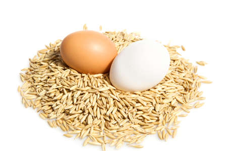 A pile of oat and two brown, white egg on top as nest isolated on a white backgroundの写真素材