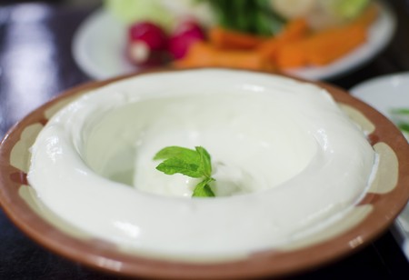 Lebanese food starter, labneh topped with mint leaves  A photo of a very typical dish of Lebanon and Mediterranean cuisine の写真素材
