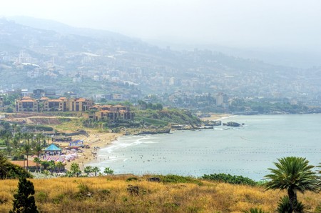 One of the beaches of Byblos in Lebanon at the Mediterranean sea  A summer scene at the beach near the eddesands resort in the historic city of Byblos の写真素材