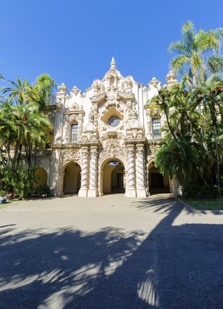 The entrance of the historic landmark Casa Del Orado, decorated with carved baroque wall of spanish colonial architecture, located at Balboa Park, San Diego, California, United States of Americaの写真素材