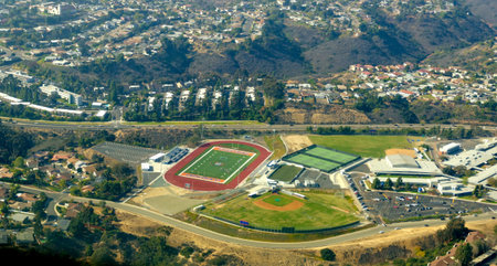An aerial view of the Clairemont neighborhood in Bay Park, San Diego, southern California, United States of America  A view of the high school football court and softball field のeditorial素材
