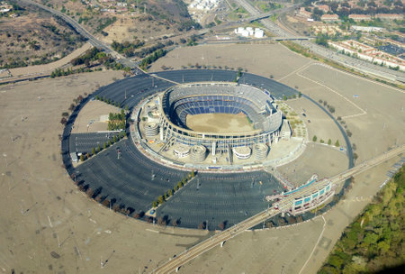 Aerial view of Qualcomm Stadium, San Diego in Southern California, United States of America and trolley line  A stadium used for concerts, the super bowl, football, baseball games and other sports のeditorial素材