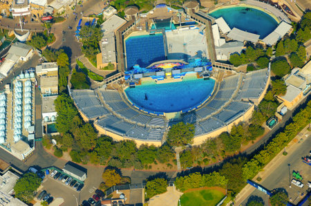 Aerial view of SeaWorld, a marine life theme park in San Diego Bay in Southern California, United States of America. A view of the killer whale shamu stadium and the show pools around.のeditorial素材