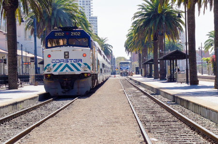 The Santa Fe Depot in Downtown San Diego, southern California, United States of America. A view of the Trolley and Coaster transport system, the railway and platforms at the Union Station. のeditorial素材