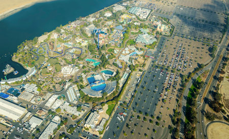 Aerial view of SeaWorld, a marine life theme park in San Diego Bay in Southern California, United States of America. A view of the killer whale shamu stadium and the entire park in Mission Bay.のeditorial素材
