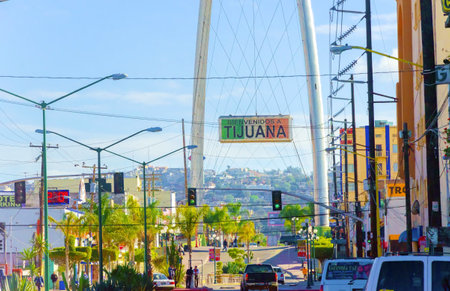 The Millennial Arch (Arco y Reloj Monumental), a metallic steel arch at the entrance of the city of Tijuana in Mexico, at zona centro a symbol of union and vigor to the new millennium and a landmark that welcomes tourists in Avenida de revolucion with a sのeditorial素材