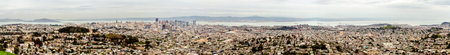 Aerial panoramic view of downtown San Francisco city skyline, California, United States of America. A view of the coast line, cityscape, skyscrapers, architecture Alcatraz island and bay from Twin Peaks.のeditorial素材