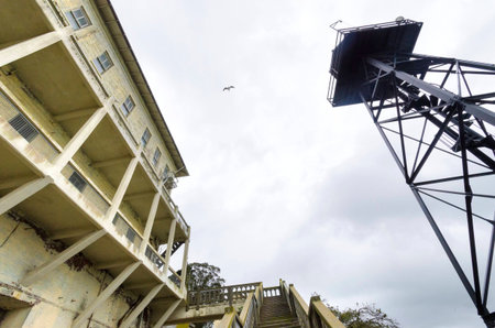 The old Guard Tower on Alcatraz Penitentiary island, now a museum, in San Francisco, California,...