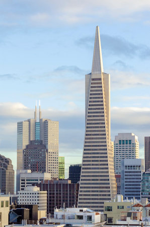 The Transamerica Pyramid in San Francisco, California, United States of America. The tallest skyscraper in the city skyline, situated in downtown financial district on Montgomery street housing commercial offices.のeditorial素材