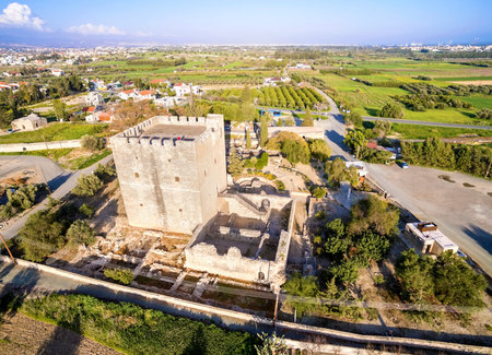 Aerial view of the medieval castle of Kolossi. It is situated in the south of Cyprus, in Limassol. The castle dates back to the crusades and it constitutes a landmark of the area.のeditorial素材