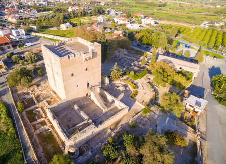 Aerial view of the medieval castle of Kolossi. It is situated in the south of Cyprus, in Limassol. The castle dates back to the crusades and it constitutes a landmark of the area.のeditorial素材
