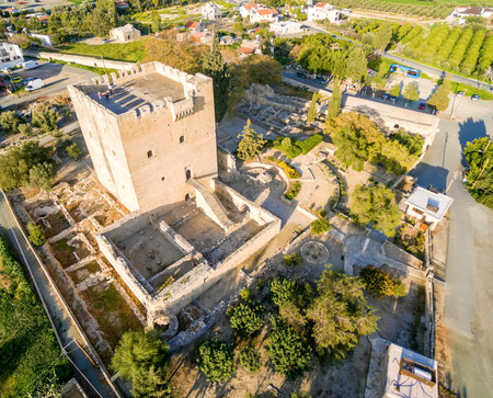 Aerial view of the medieval castle of Kolossi. It is situated in the south of Cyprus, in Limassol. The castle dates back to the crusades and it constitutes a landmark of the area.のeditorial素材