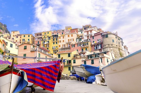 Manarola town, Riomaggiore, La Spezia province, Liguria, northern Italy. View of the colourful...