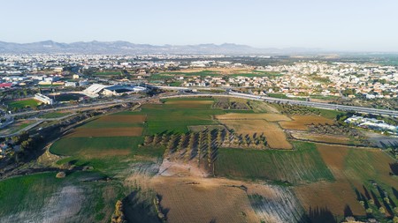 Aerial bird's eye view of GSP football stadium, highway A1 and round about at Latsia, Nicosia,...