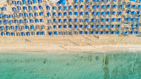 Aerial bird's eye view of Pantachou - Limanaki sandy organised beach (Kaliva), Ayia Napa, Famagusta,...