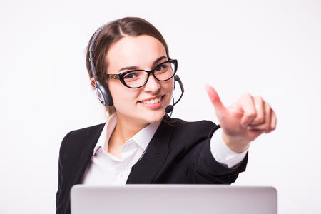 Beautiful business operator of call center isolated on white backgroundの写真素材