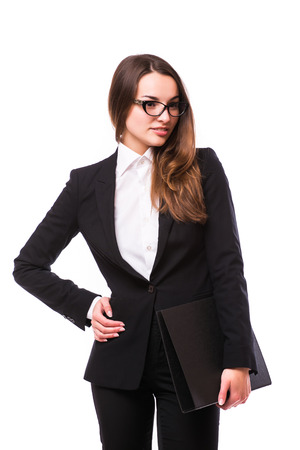 Young and attractive business woman in glasses isolated on white. Thinking and successful look.の写真素材