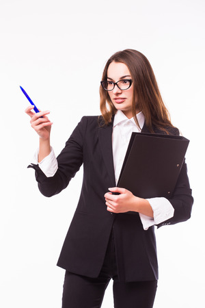 Young and attractive business woman in glasses isolated on white. Thinking and successful look.の写真素材
