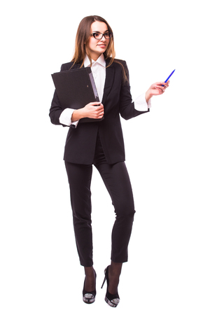 Young and attractive business woman in glasses isolated on white. Thinking and successful look.の写真素材