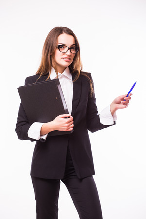 Young and attractive business woman in glasses isolated on white. Thinking and successful look.の写真素材