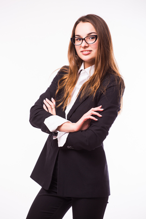 Young and attractive business woman in glasses isolated on white. Thinking and successful look.の写真素材