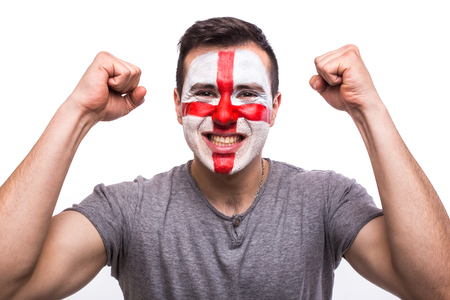 goal scream emotions of Englishman football fan in game support of England national team on white background. European football fans concept.の写真素材