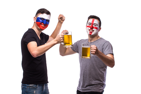 Russia and England football fans drink beer on white background. European football fans concept.の写真素材