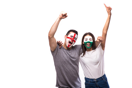 England vs Wales on white background. Football fans of national teams celebrate, dance and scream. European football fans concept.の写真素材