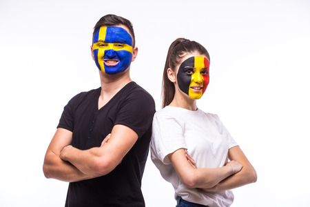 Belgium vs Sweden before game on white background. European  football fans concept.の写真素材