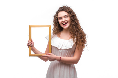 Happy smiling woman demonstrate frame, over white background