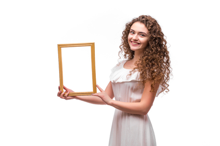 Happy smiling woman demonstrate frame, over white backgroundの写真素材
