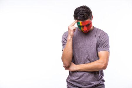 Unhappy and Failure of goal or lose game emotions of  Portuguese football fan in game supporting of...