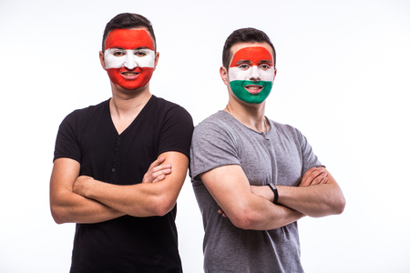 Austria vs Hungary before game on white background. European  football fans concept.の写真素材